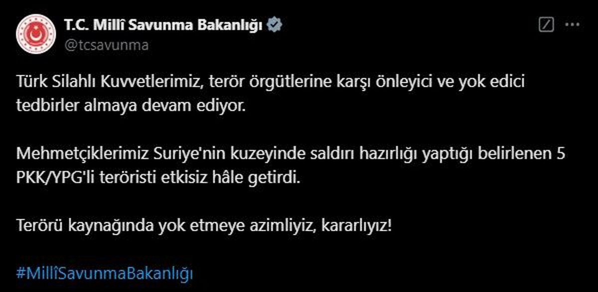 Suriye\'nin Kuzeyinde 5 PKK/YPG Teröristi Etkisiz Hale Getirildi