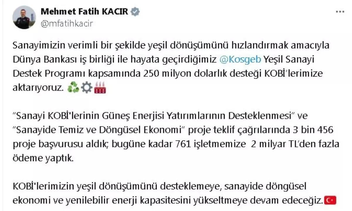 KOSGEB\'den KOBİ\'lere 250 Milyon Dolar Yeşil Dönüşüm Desteği