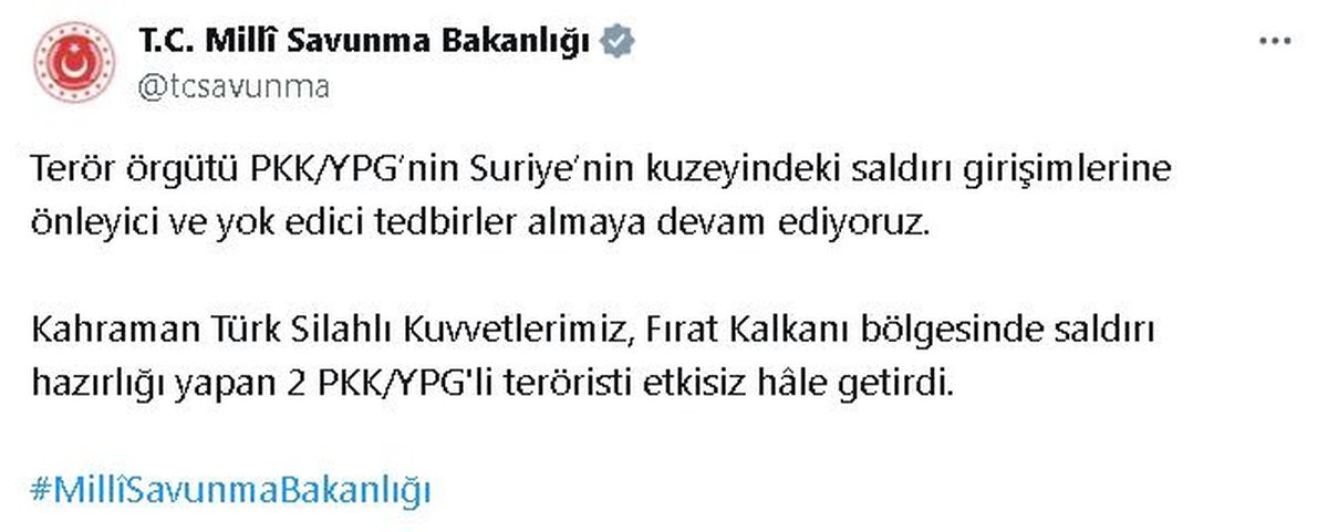 Fırat Kalkanı Bölgesinde 2 PKK/YPG\'li Terörist Etkisiz Hale Getirildi