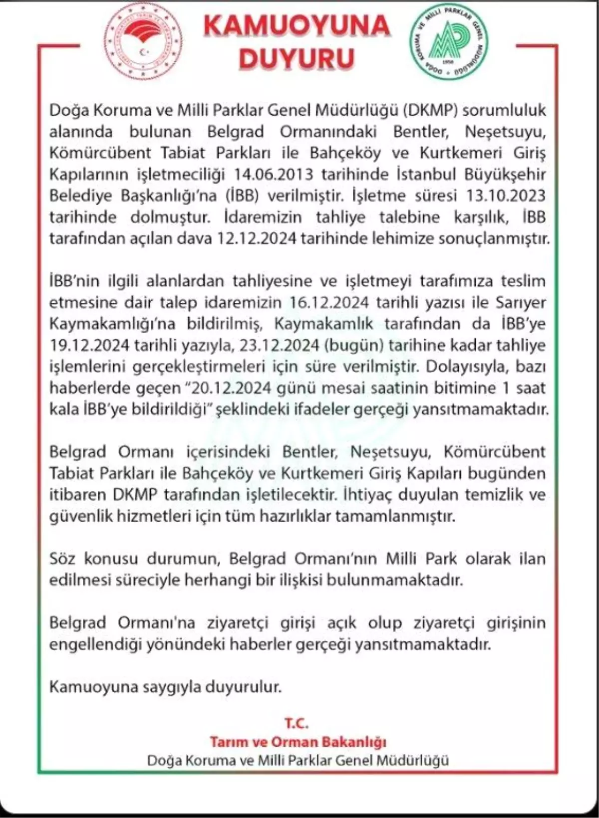 DKMP\'den Belgrad Ormanları Tahliye Açıklaması