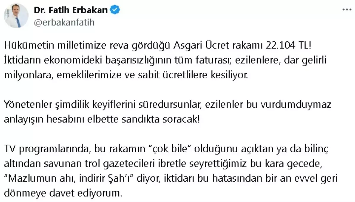 Fatih Erbakan\'dan 2025 Asgari Ücretine Tepki