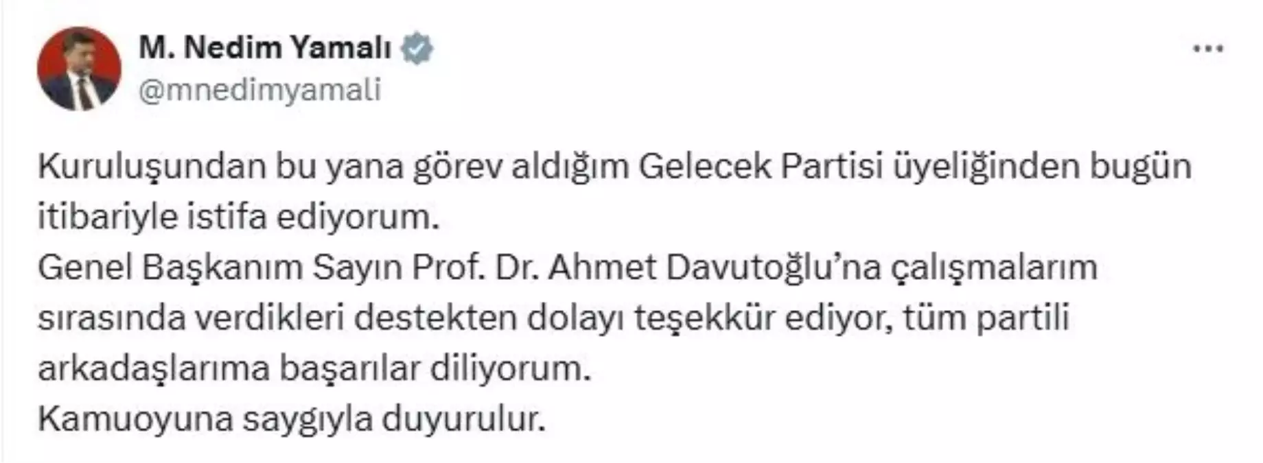 Gelecek Partisi Milletvekili Mustafa Nedim Yamalı İstifa Etti