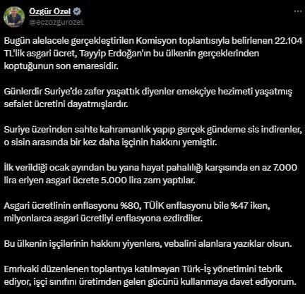 Yeni asgari ücrete muhalefetten ilk tepki! Özgür Özel sert çıkıştı