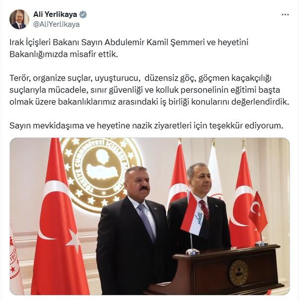 İçişleri Bakanı Yerlikaya, Iraklı Mevkidaşıyla Görüştü
