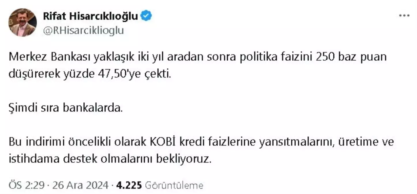 TOBB Başkanı Hisarcıklıoğlu: Kredi Faizlerinde İndirim Bekliyoruz