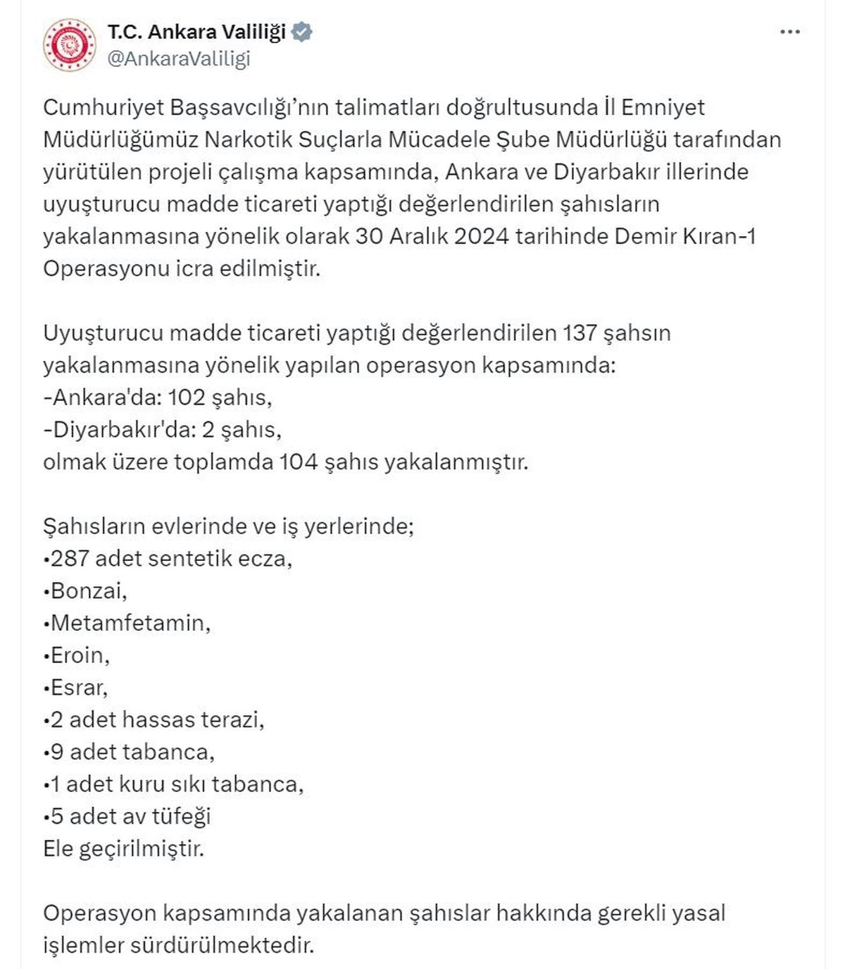 Ankara ve Diyarbakır\'da Uyuşturucu Ticareti Operasyonu: 137 Gözaltı