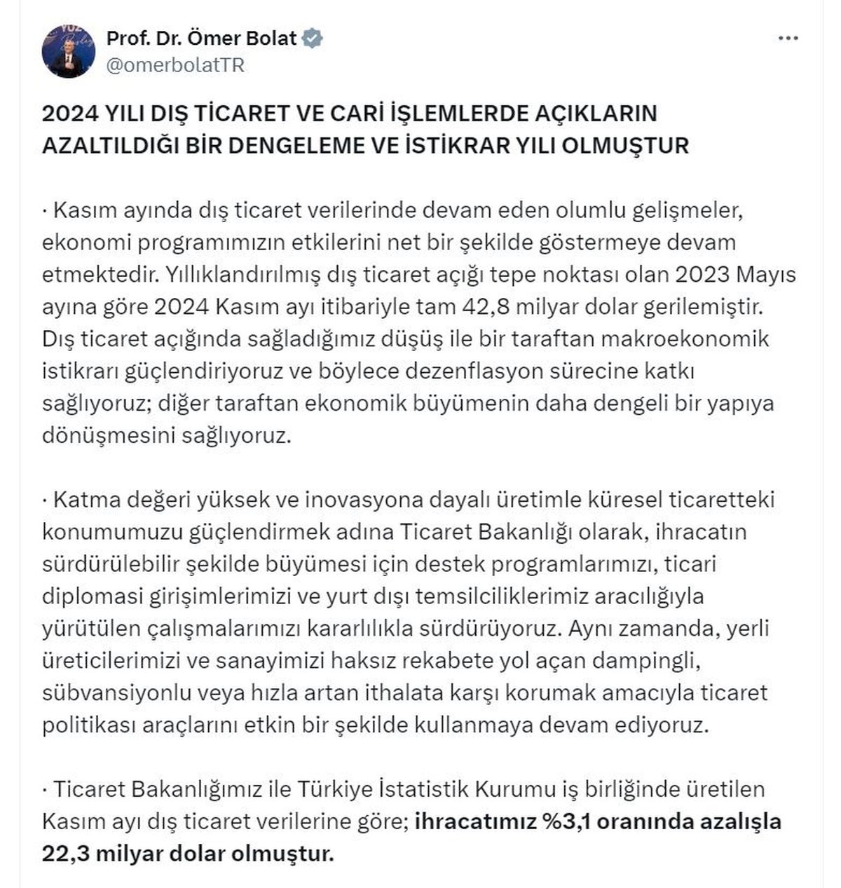 2024 Yılı Dış Ticaret Açığı Geriledi