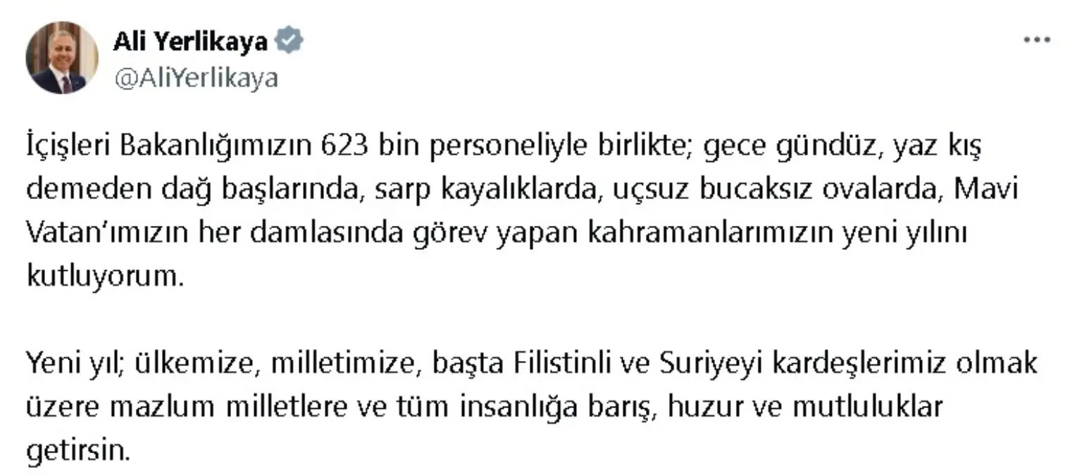 İçişleri Bakanı Yerlikaya\'dan Yeni Yıl Mesajı