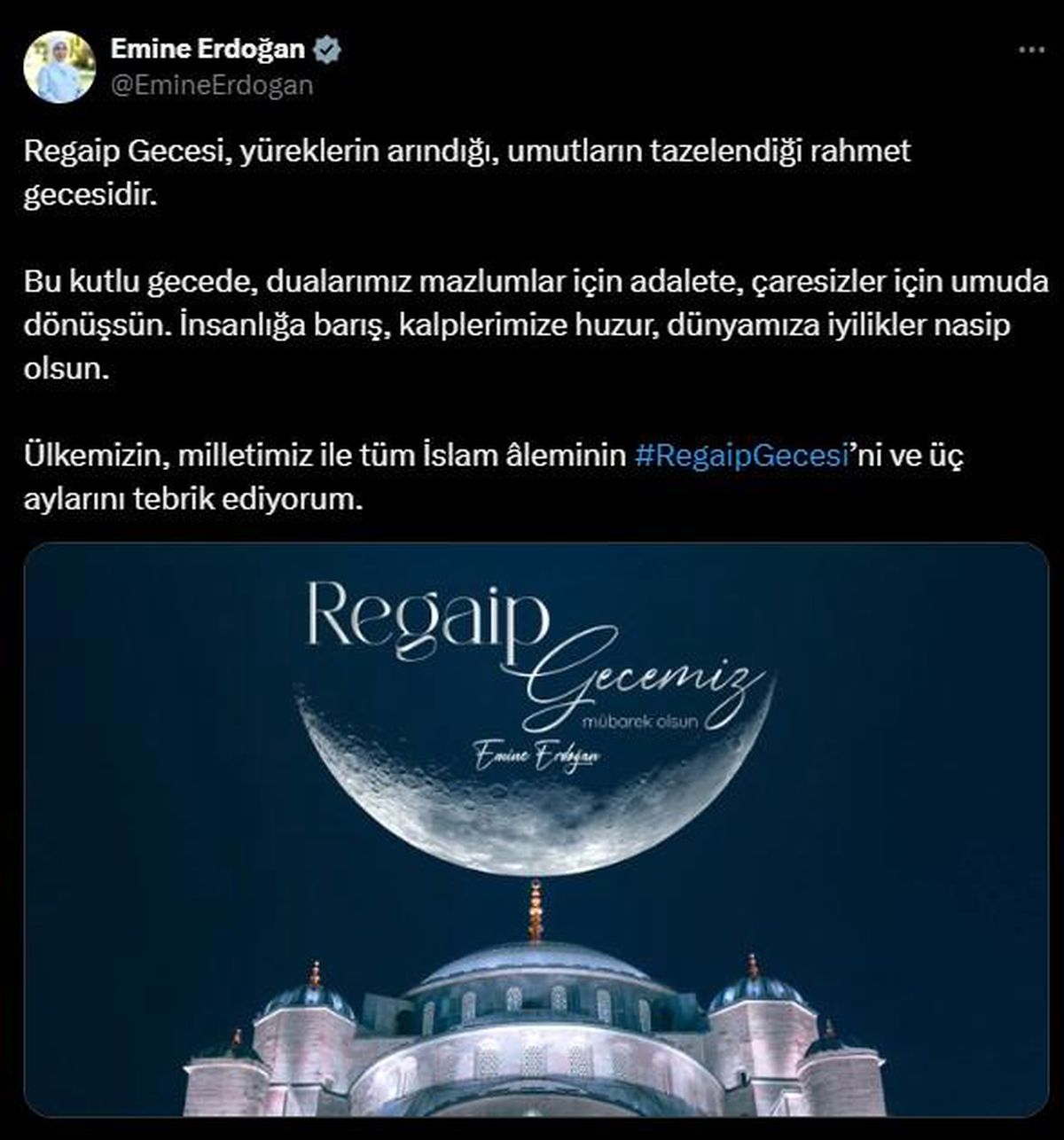 Emine Erdoğan\'dan Regaip Kandili Mesajı