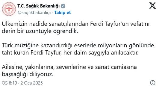  Ferdi Tayfur'un vefatının ardından ardı ardına baş sağlığı mesajları