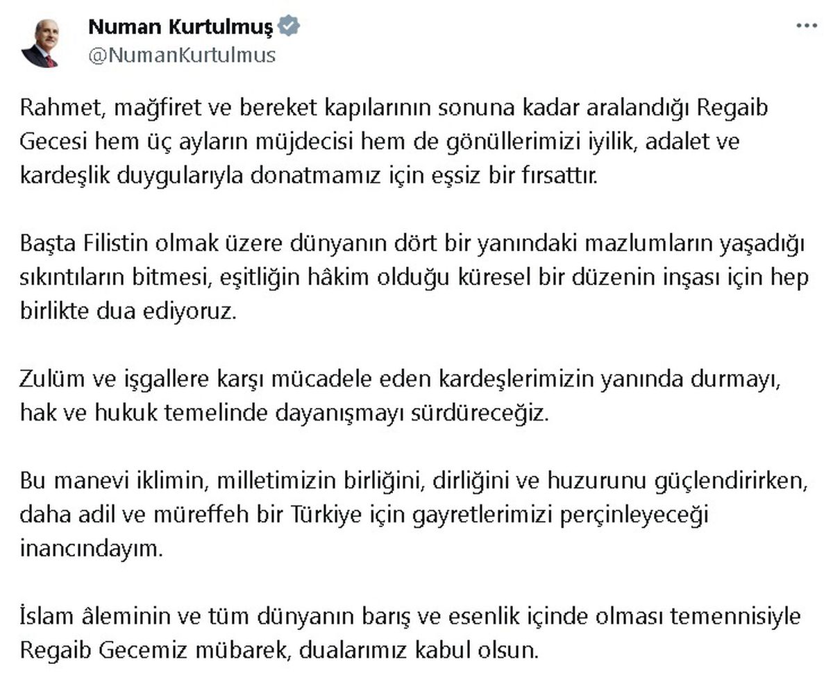 TBMM Başkanı Kurtulmuş\'tan Regaip Kandili mesajı