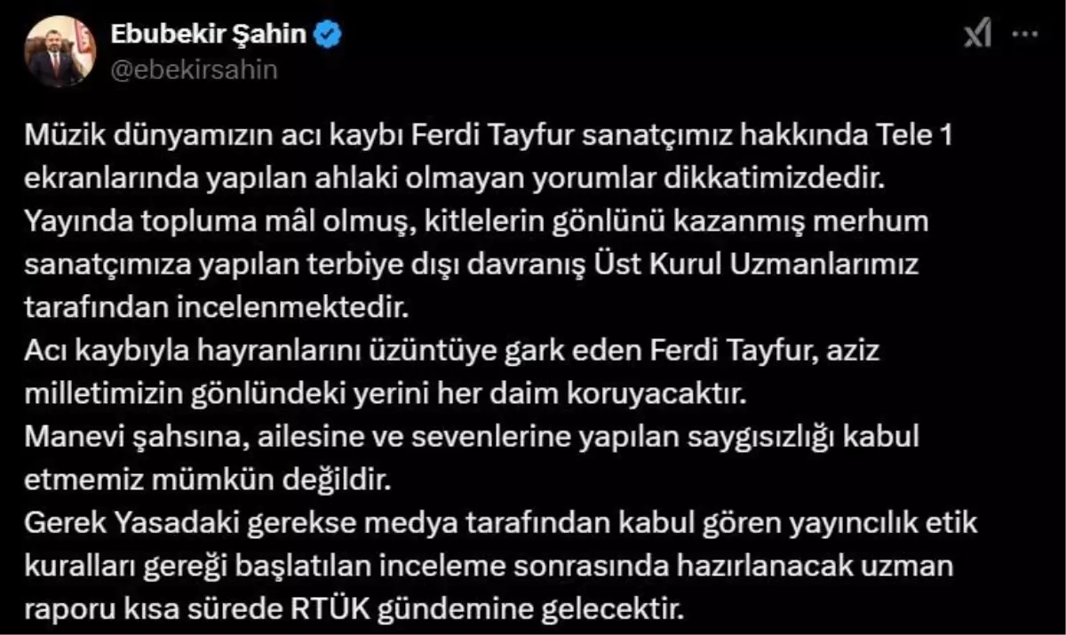 RTÜK\'ten Ferdi Tayfur Yorumuna İnceleme