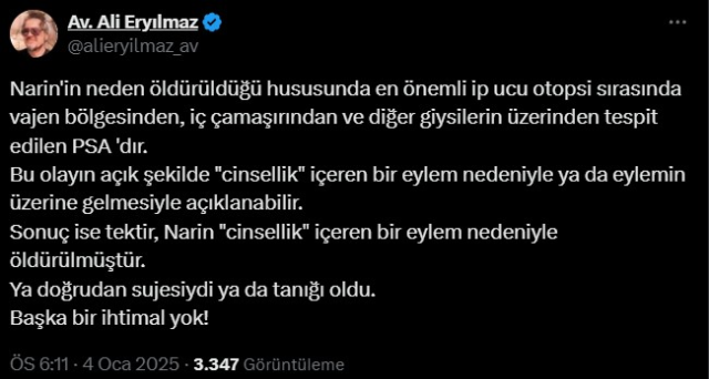 Nevzat Bahtiyar'ın avukatı: Narin cinsellik içeren bir eylem nedeniyle öldürüldü