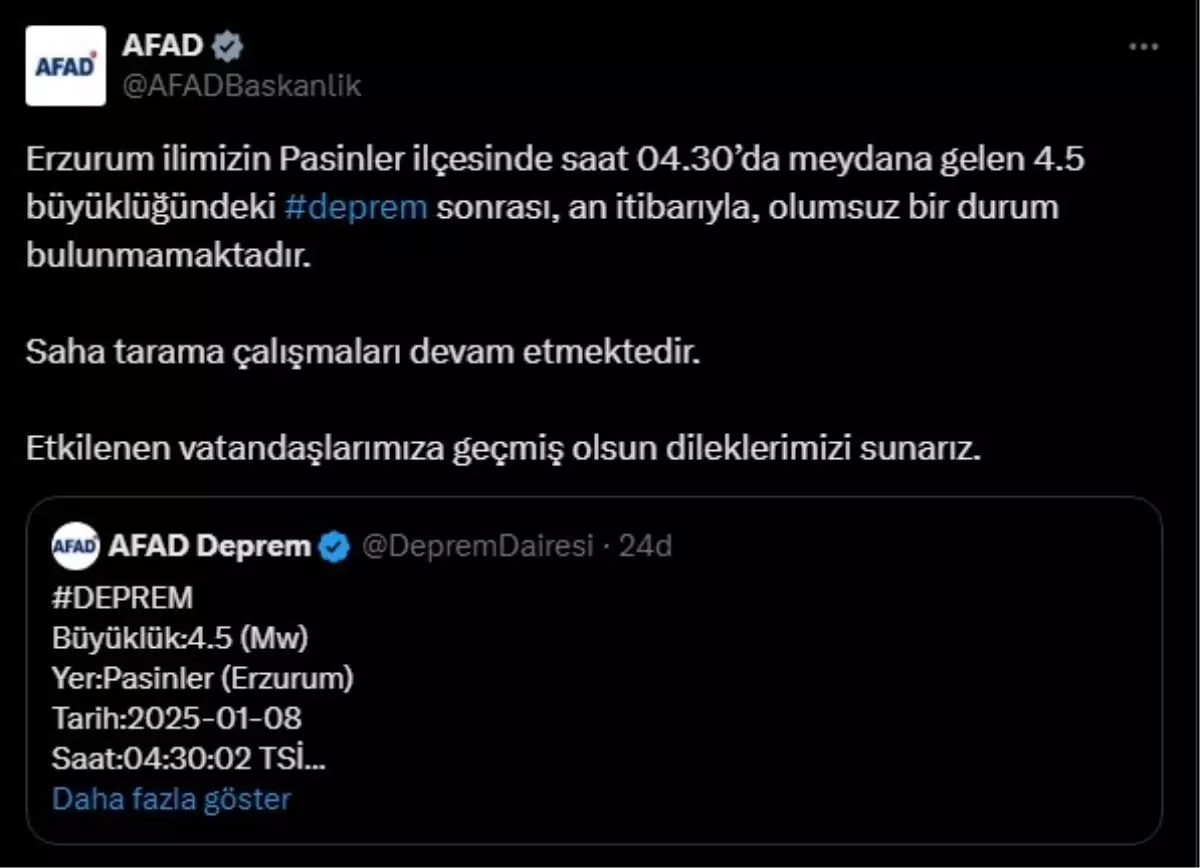 AFAD\'dan Erzurum Depremi Açıklaması