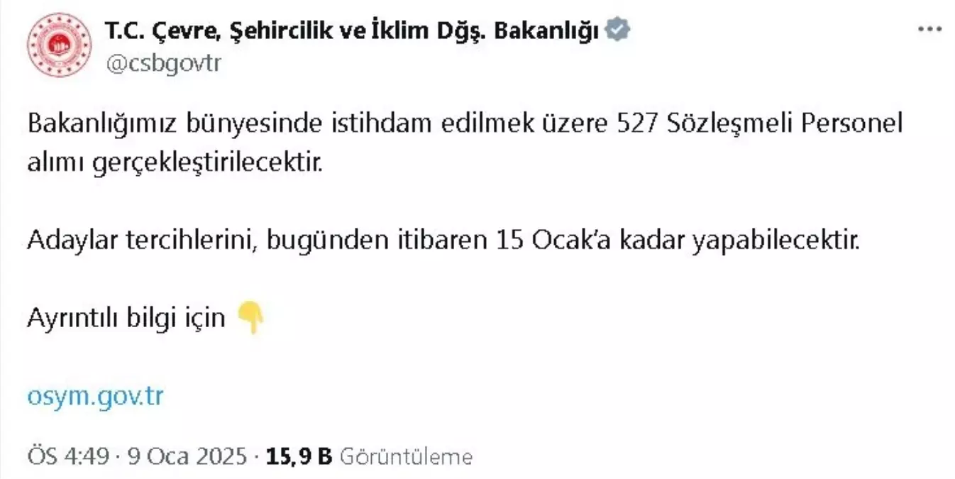 Çevre Bakanlığı 527 Sözleşmeli Personel Alımı Yapacak