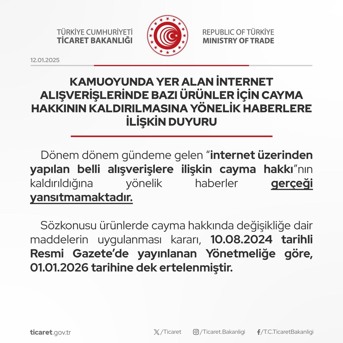 Ticaret Bakanlığı\'ndan Cayma Hakkı Açıklaması