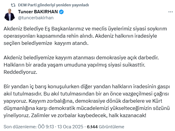 DEM Parti'den Akdeniz Belediyesi'ne kayyum atanmasına ilk tepki