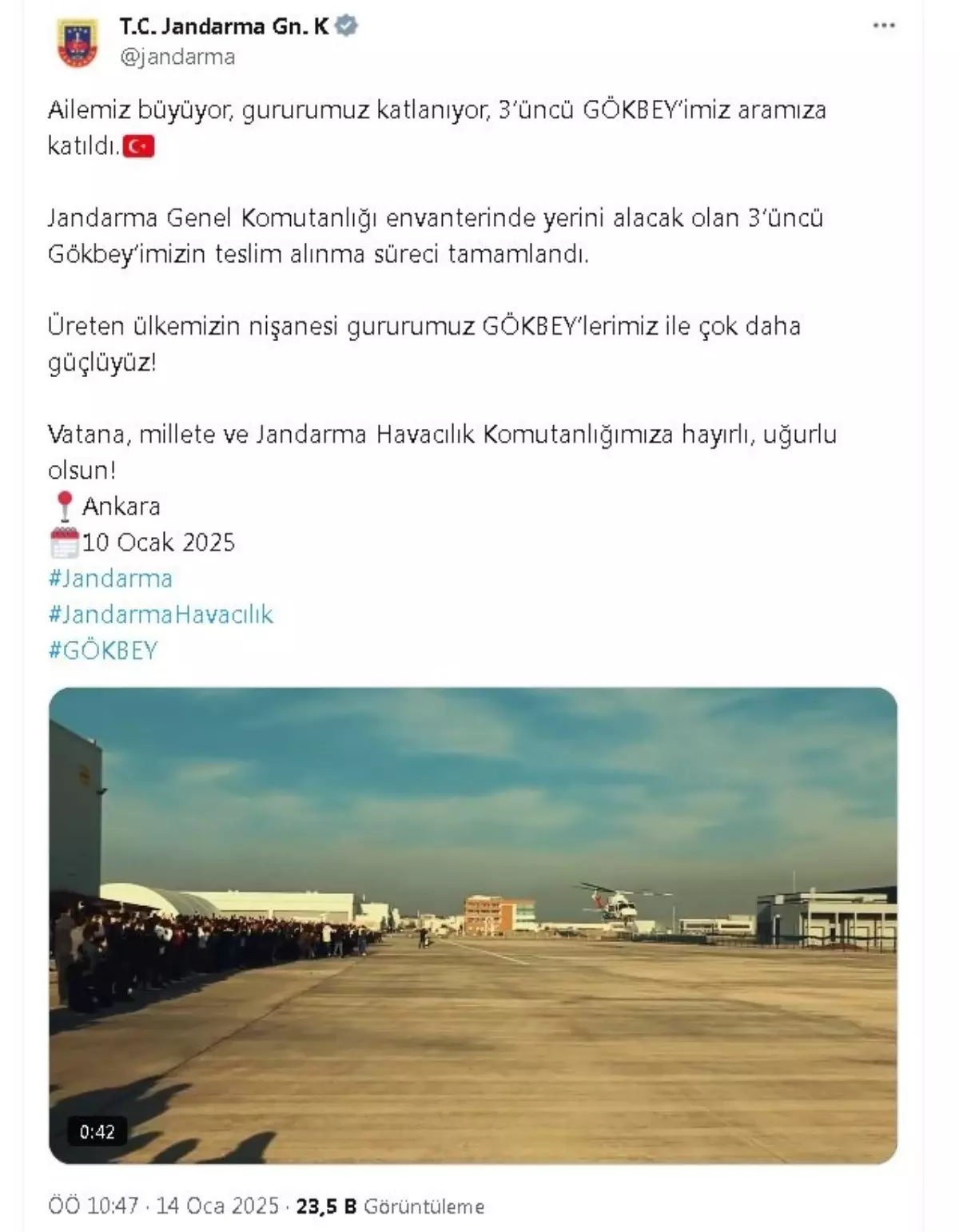 Jandarma Genel Komutanlığı\'nın 3\'üncü GÖKBEY Helikopteri Teslim Alındı