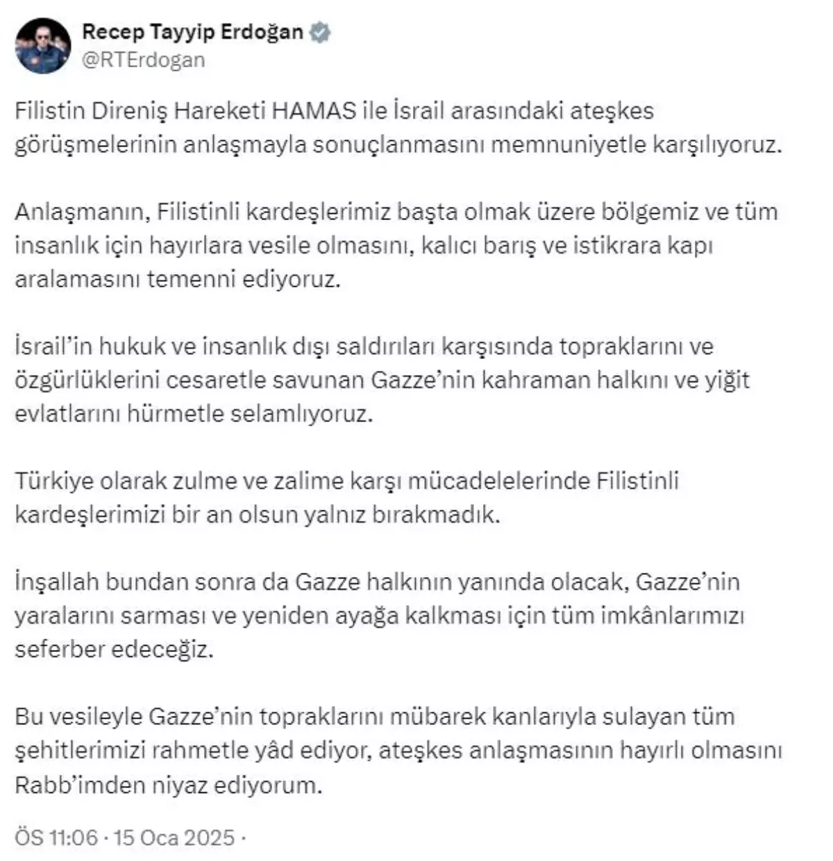 Erdoğan\'dan Gazze\'ye Destek Vurgusu