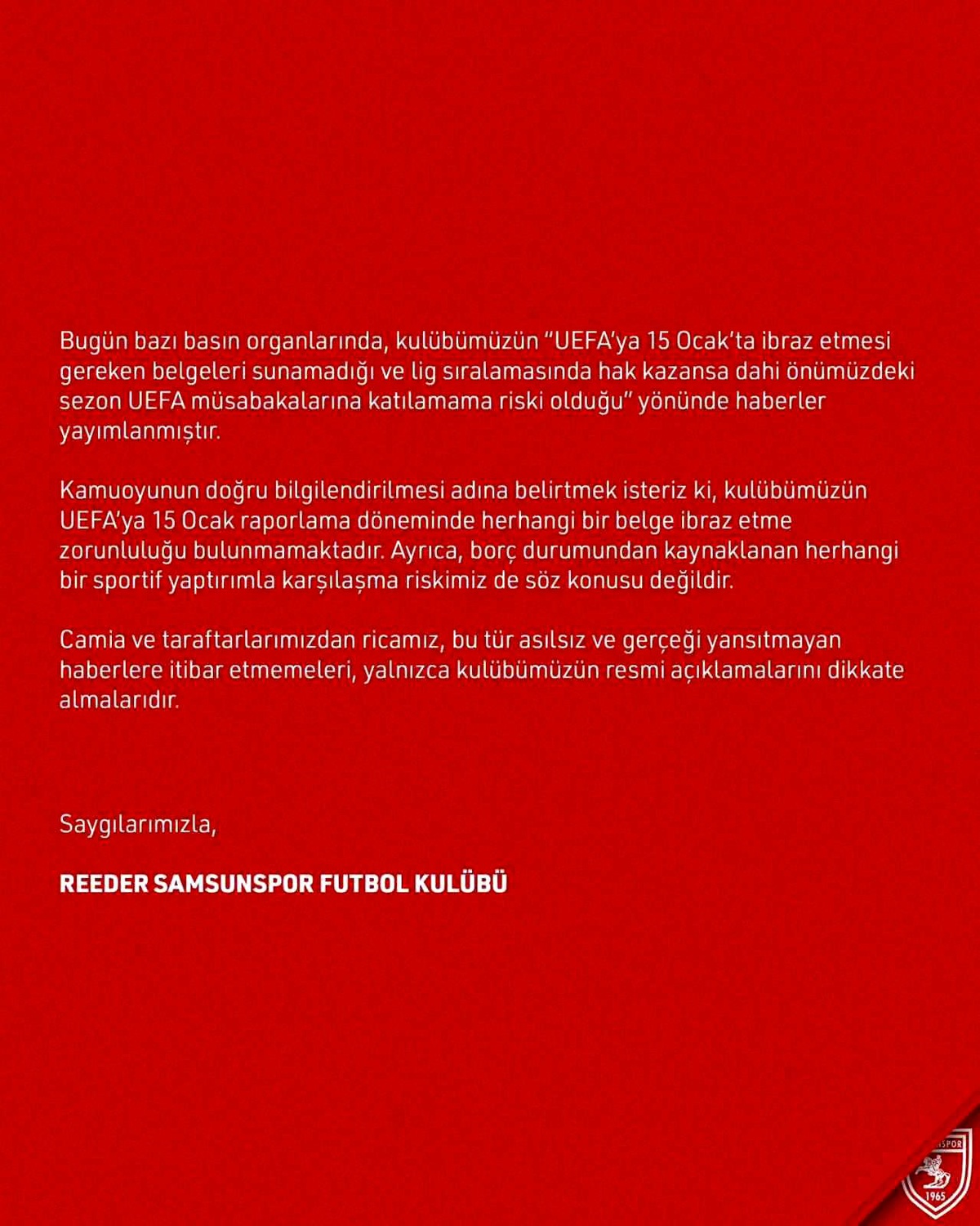 Samsunspor\'dan UEFA Açıklaması