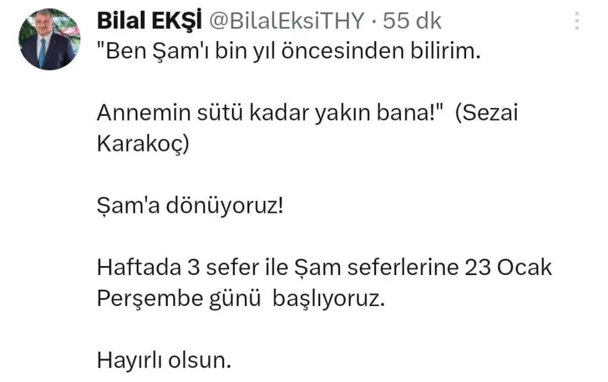 THY\'nin Şam Seferleri 23 Ocak\'ta Başlıyor