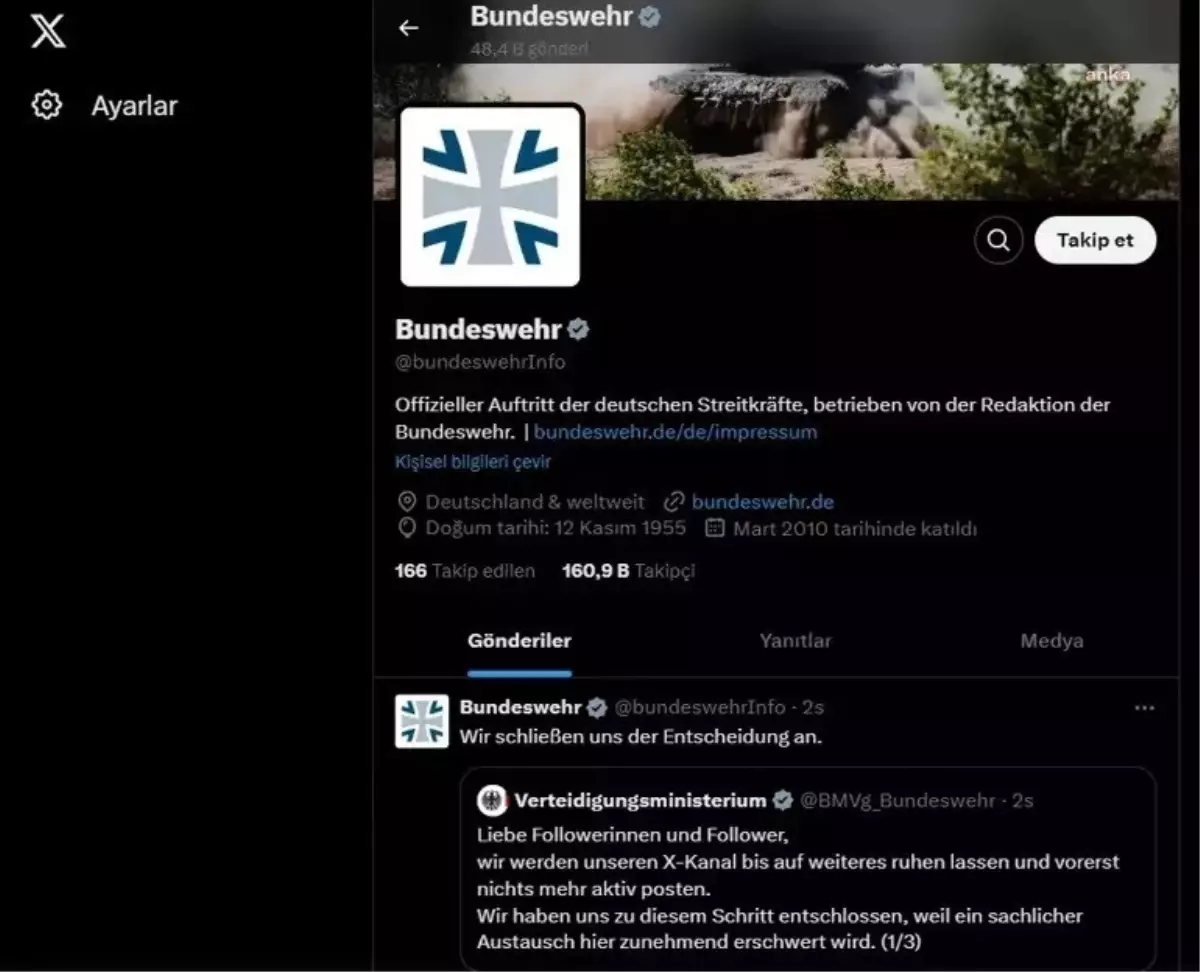 Almanya Savunma Bakanlığı X Hesabını Askıya Aldı