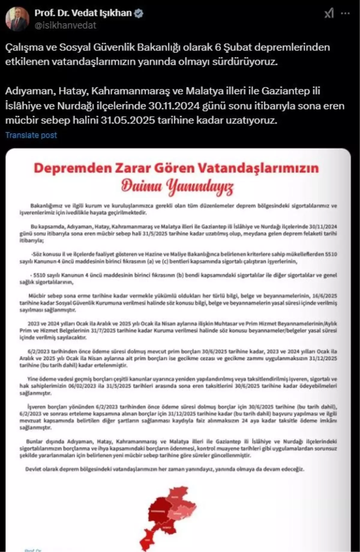 Deprem Bölgesindekiler İçin Mücbir Sebep Süresi Uzatıldı