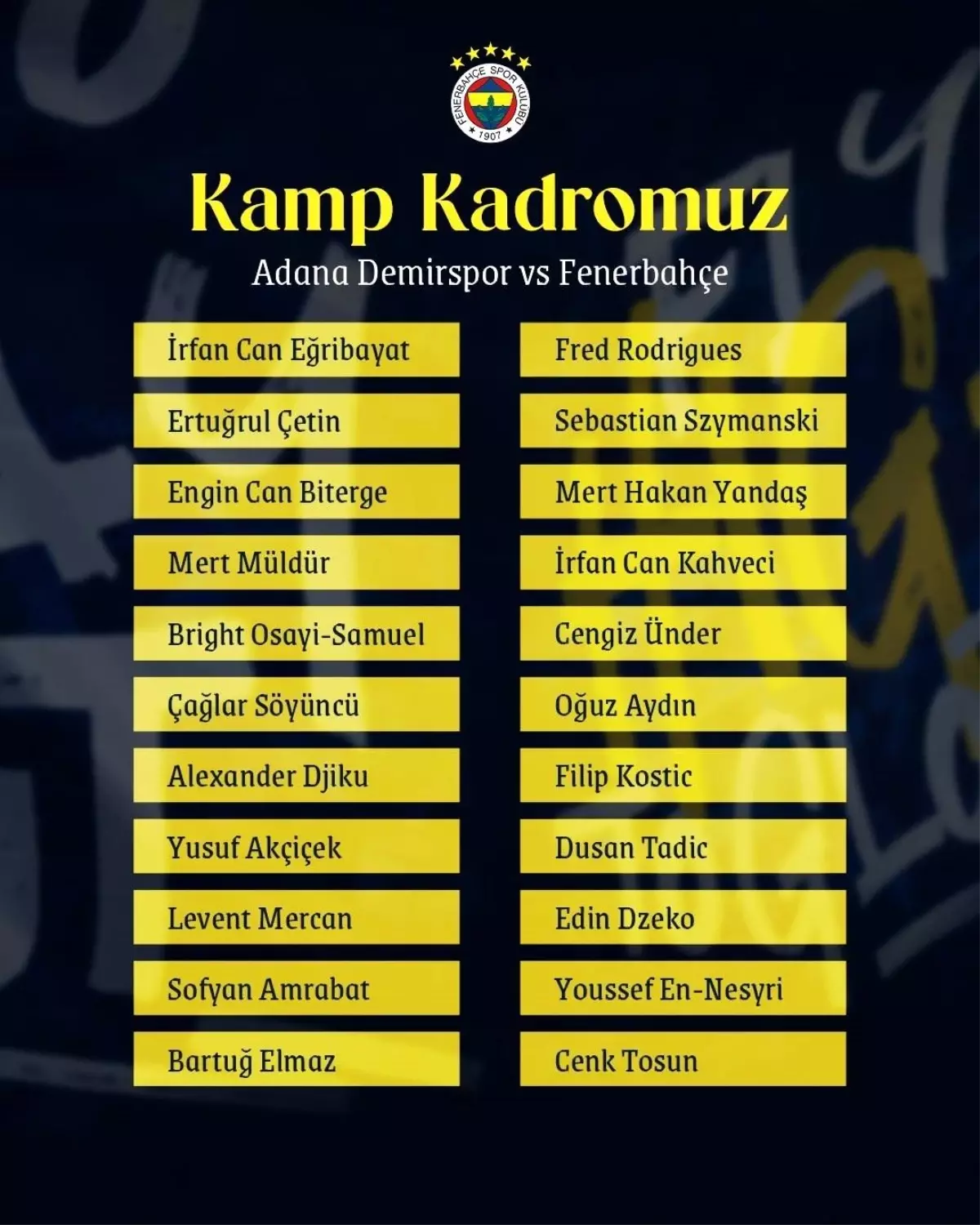 Fenerbahçe\'nin Adana Demirspor Maç Kadrosu Açıklandı