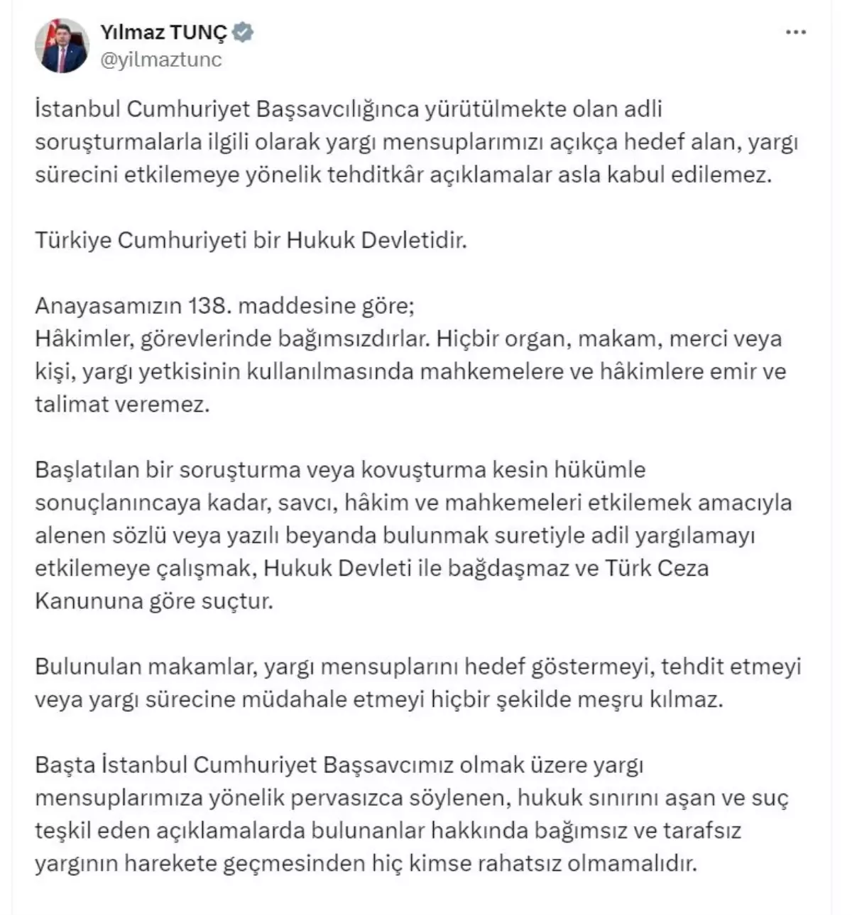 Adalet Bakanı Tunç\'tan Yargı Mensuplarına Yönelik Tehditlere Sert Tepki