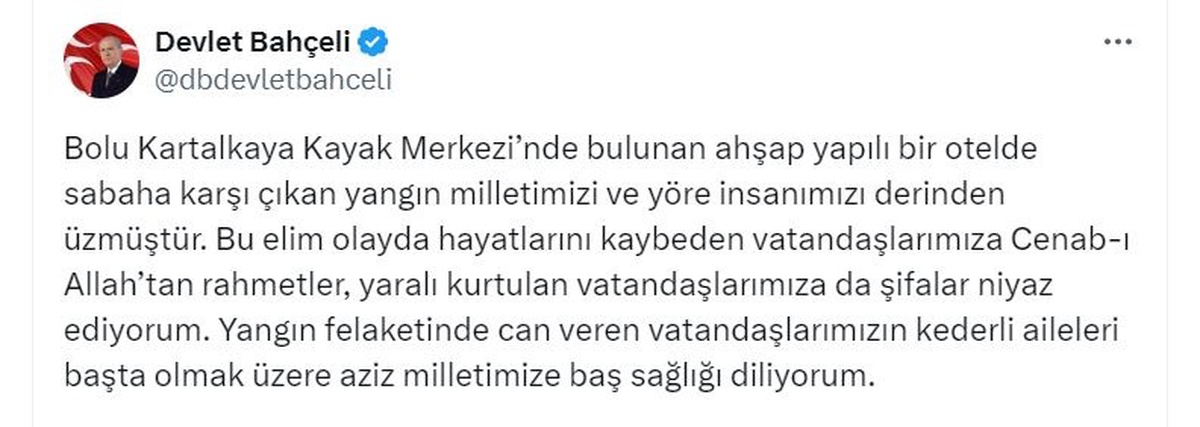 Devlet Bahçeli\'den Bolu Yangını için Taziye Mesajı