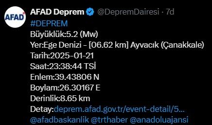 Çanakkale'de 5.2 büyüklüğünde deprem