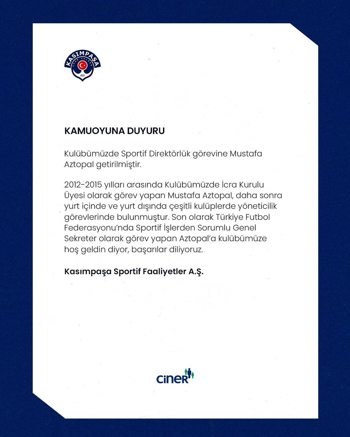 Kasımpaşa\'da Yeni Sportif Direktör
