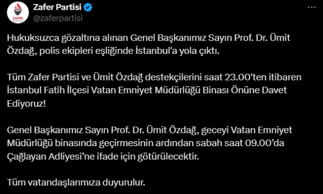 Zafer Partisi'nden gözaltına alınan Ümit Özdağ için çağrı