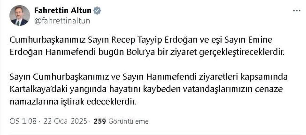 Cumhurbaşkanı Erdoğan, Kartalkaya\'daki yangında hayatını kaybeden vatandaşların cenaze namazlarına katılacak
