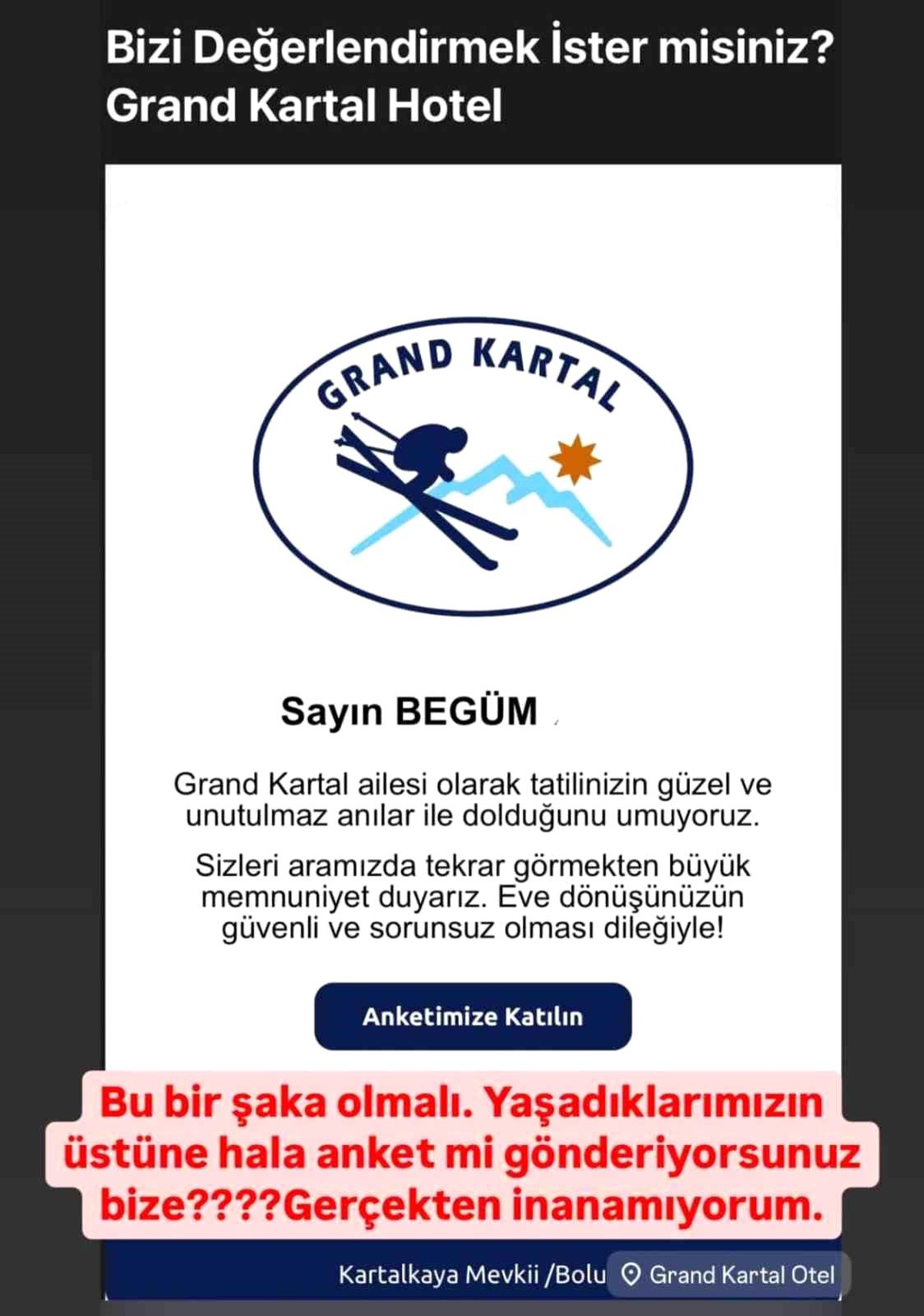 Grand Kartal Otel\'den Tepki Çeken Mesaj
