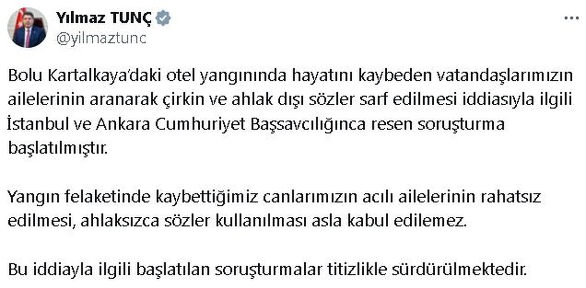 Bakan Tunç: Otel Yangını İle İlgili Soruşturma Başlatıldı