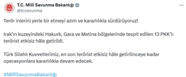 Hakurk, Gara ve Metina'da 13 PKK'lı terörist etkisiz hale getirildi