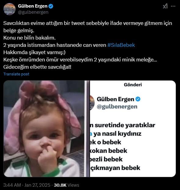 Gülben Ergen savcılığa çağrıldı: Sıla Bebek paylaşımı nedeniyle ifade verecek