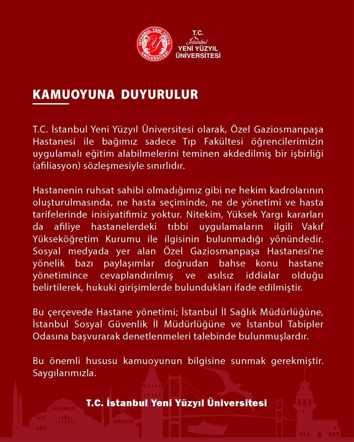 İstanbul Yeni Yüzyıl Üniversitesi\'nden Açıklama