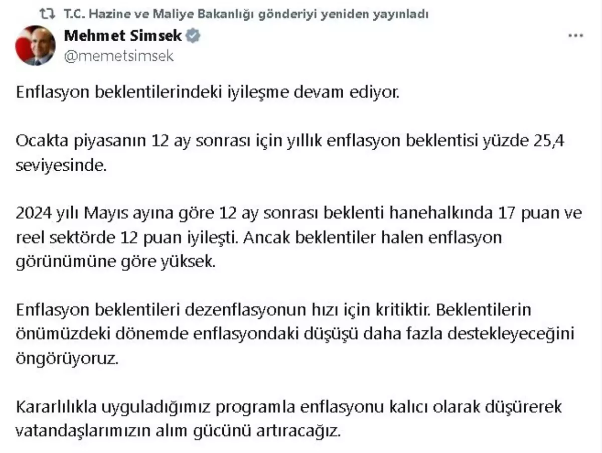 Bakan Şimşek: Ekonomi Programı ile Enflasyonu Kalıcı Olarak Düşüreceğiz