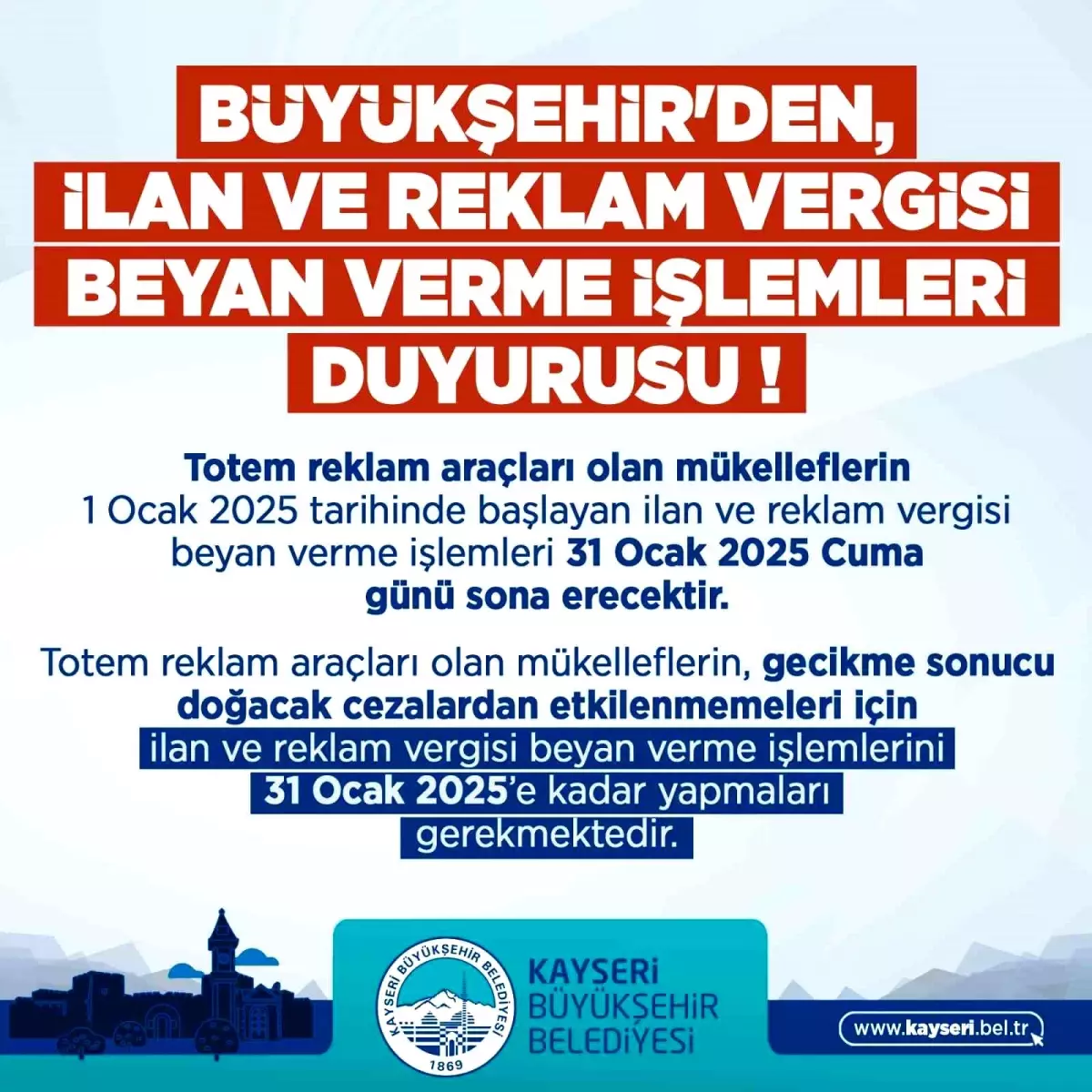 Kayseri\'de Totem Reklam Vergisi İçin Son Tarih 31 Ocak 2025