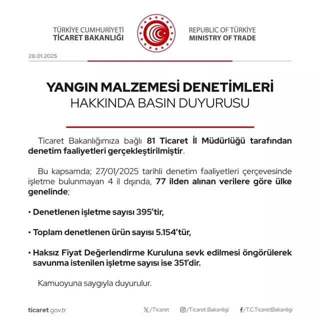 Ticaret Bakanlığı'ndan Yangın Malzemesi Denetimi: 351 İşletmeye Savunma İstendi