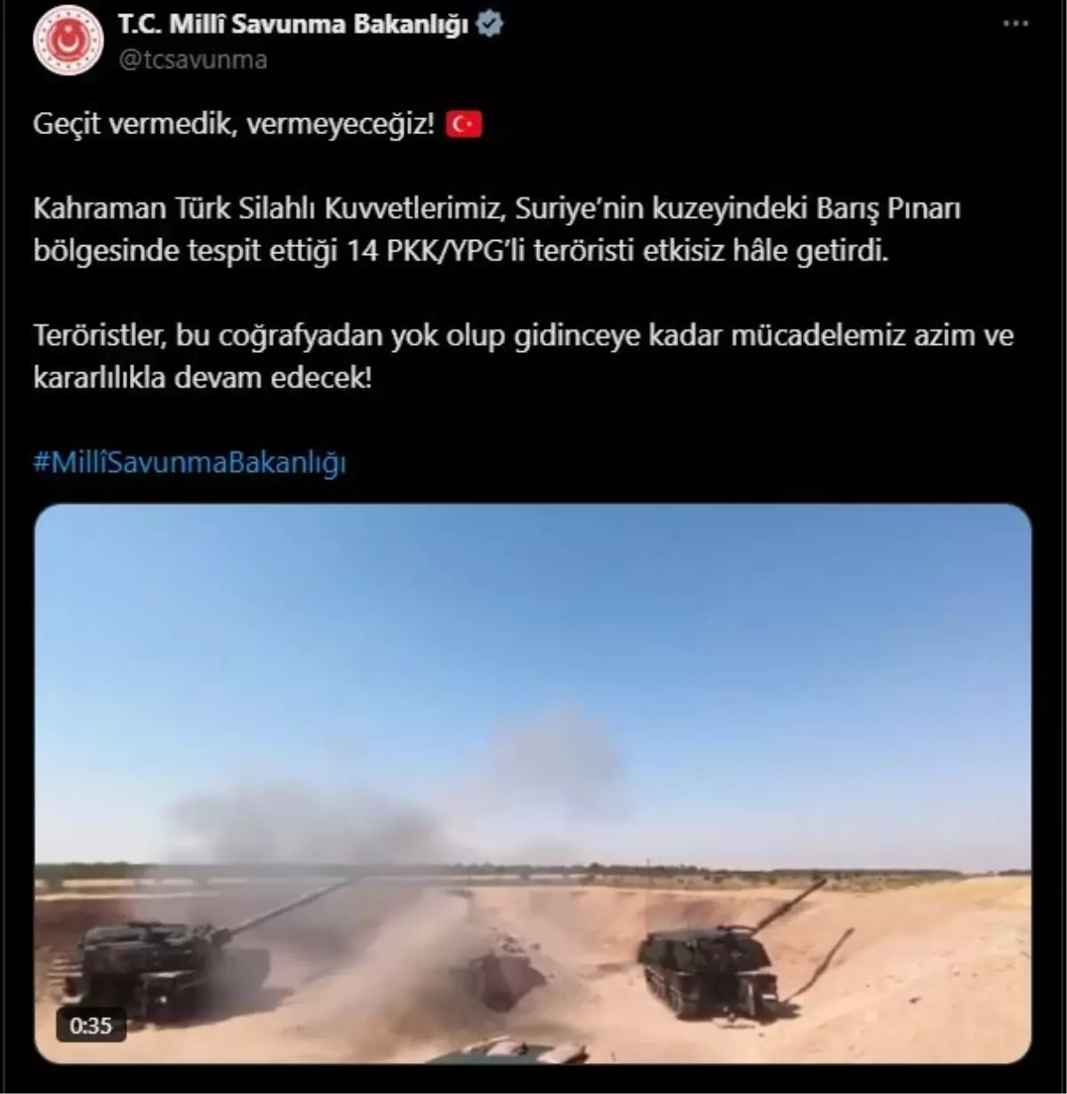 MSB: Suriye\'nin Kuzeyinde 14 PKK/YPG\'li Terörist Etkisiz Hale Getirildi