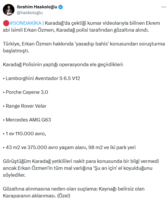 Erkan Özmen yasadışı bahis soruşturması kapsamında Karadağ'da yakalandı