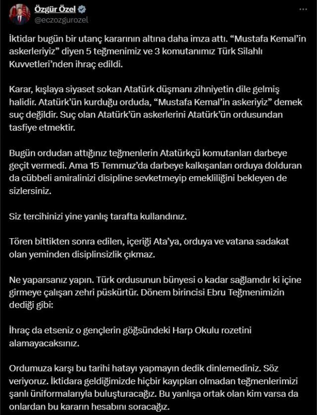 Teğmenlerin ihracına tepkiler büyüyor! 'Bu tarihi hatayı yapmayın dedik dinlemediniz'