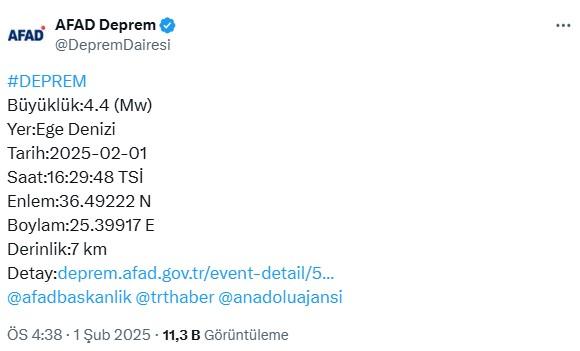 Ege Denizi'nde peş peşe 6. deprem