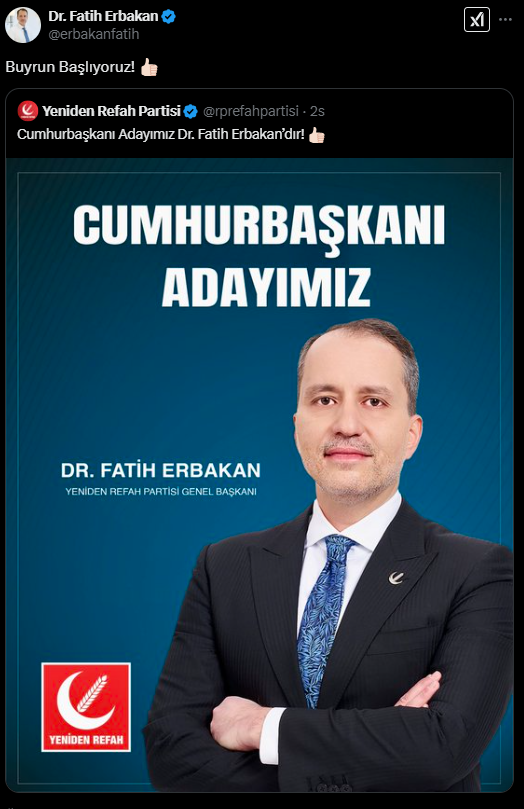 Yeniden Refah Partisi: Cumhurbaşkanı adayımız Dr. Fatih Erbakan’dır