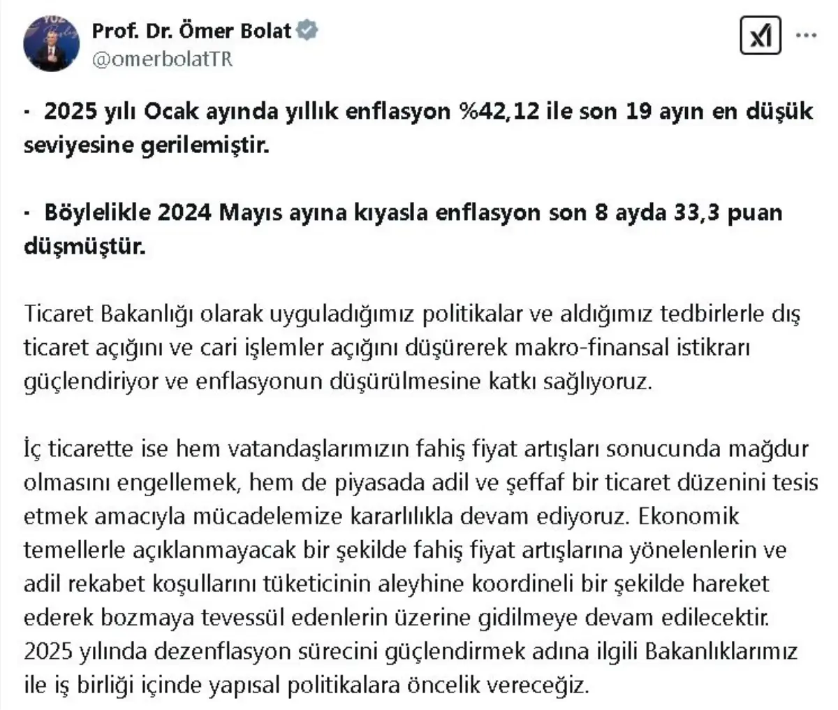 Ticaret Bakanı Bolat: Yıllık enflasyondaki gerileme sürecek