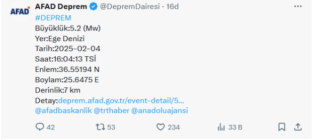 Deprem fırtınası yaşanan Ege Denizi'nde şiddetli bir sarsıntı daha