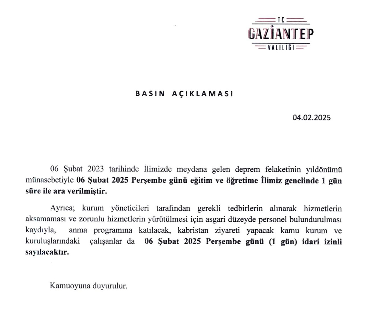 Gaziantep\'te Deprem Anması İçin Tatil